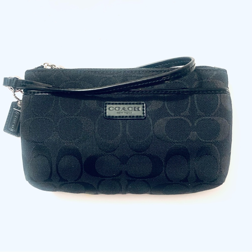 COACH Black Canvas Wristlet
Signature Monogram Leather Trim
Mini Pouch